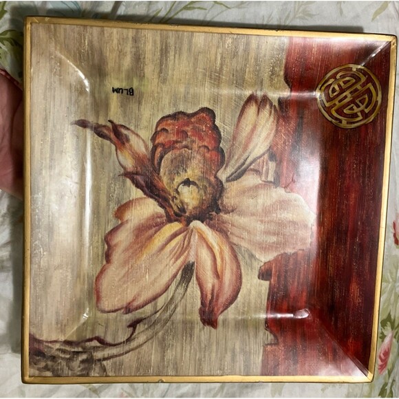 Cheri Bloom Floral Art 10 Inch Square Heavy Decorative Trinket Dish, Plate - Picture 2 of 16